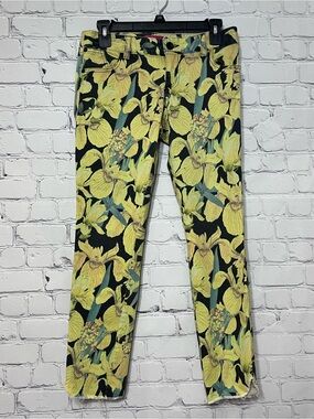 Alice + Olivia Yellow Floral Orchid Botanical Print Skinny Denim Jeans Low Rise